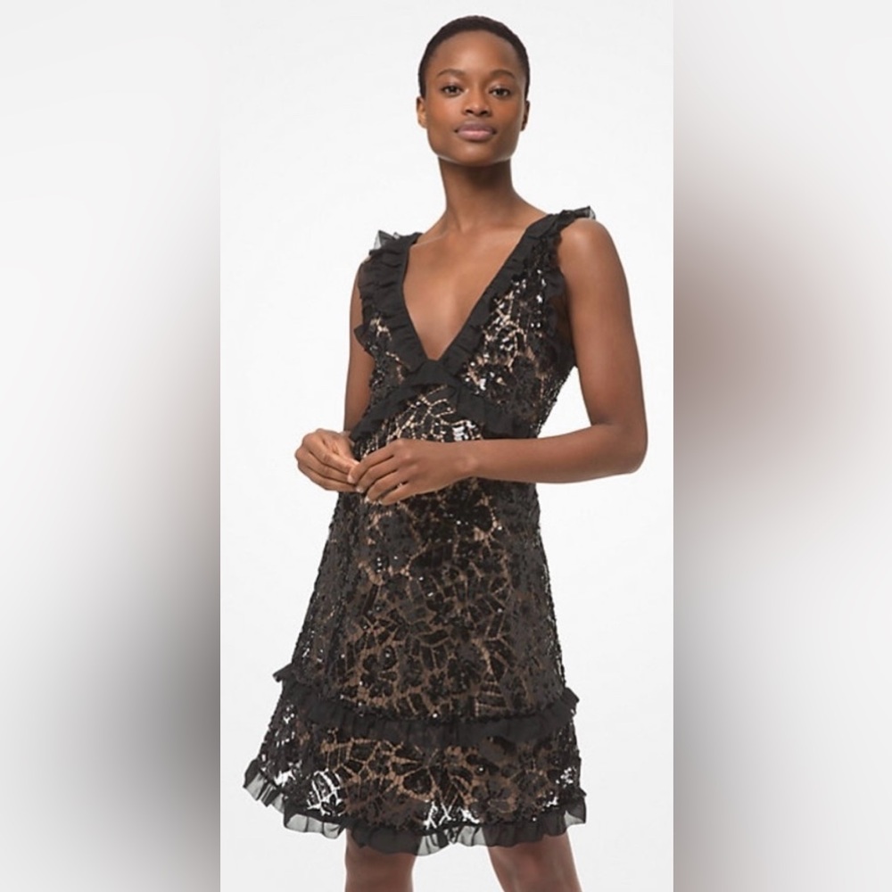 NWT MICHAEL MICHAEL KORS Sequined Lace Ruffle-Trim Dress Black Over Nude